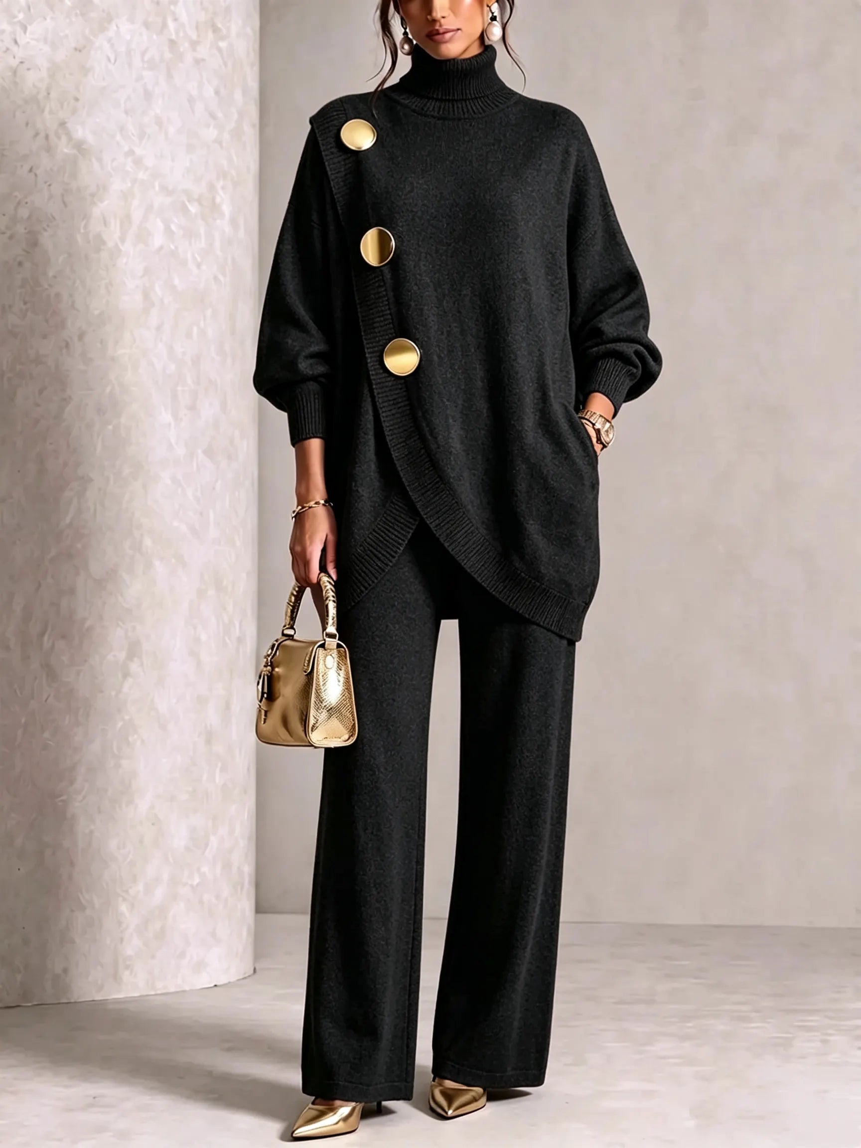 ⏰ LAST DAY SAVE 49% 💥 Gold-Button Asymmetric Knit Lounge Set